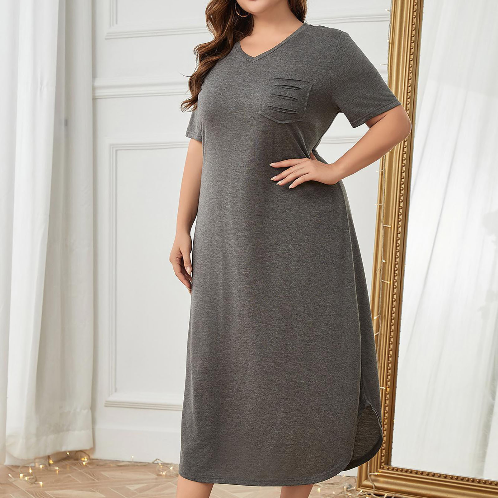 Xysaqa Women's Oversized Nightgown Casual Sleepshirt Short Sleeve Long Sleepwear V Neck Maxi House Dress with Pocket Women Plus Size Loungewear 2X 3X 4X Clearance Dark Gray